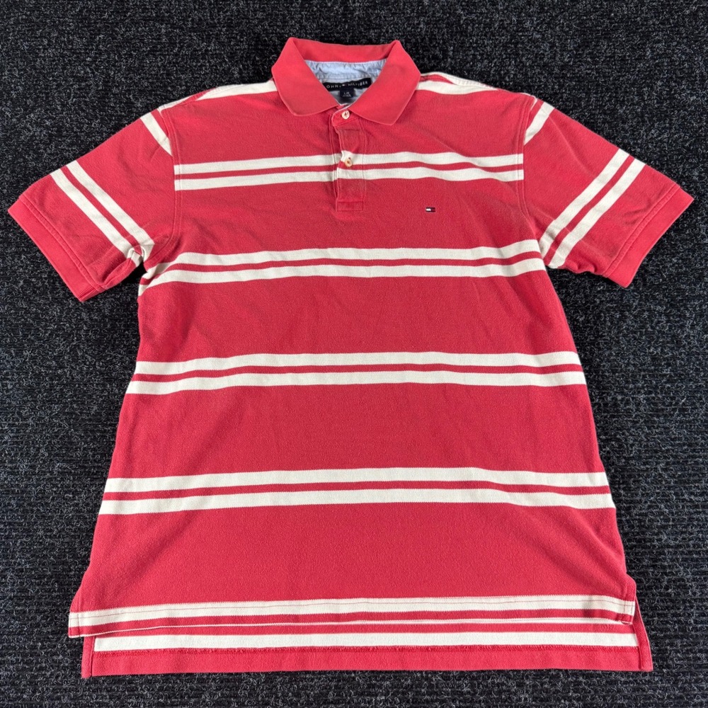 Tommy Hilfiger Mens Orange White Striped Short Sleeve Pique Polo Shirt Large L
